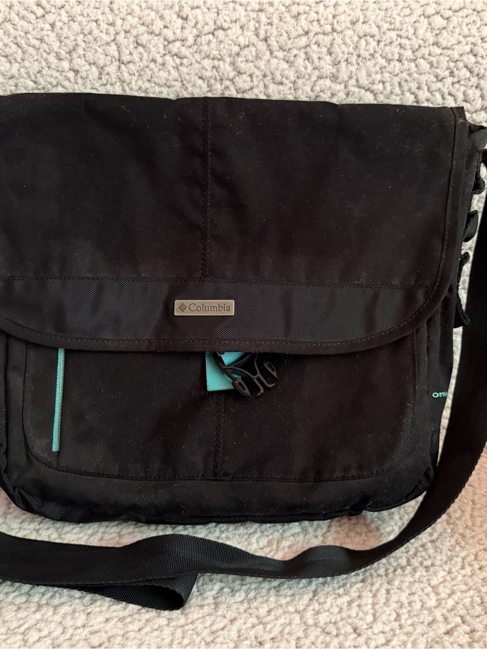 Columbia Black Messenger Bag with Teal Trim